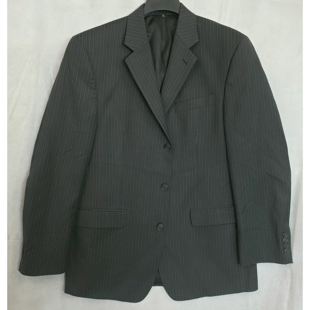 Calvin Klein Mens Wool Pinstripe 3 Button Suit Jacket Blazer Black 44R